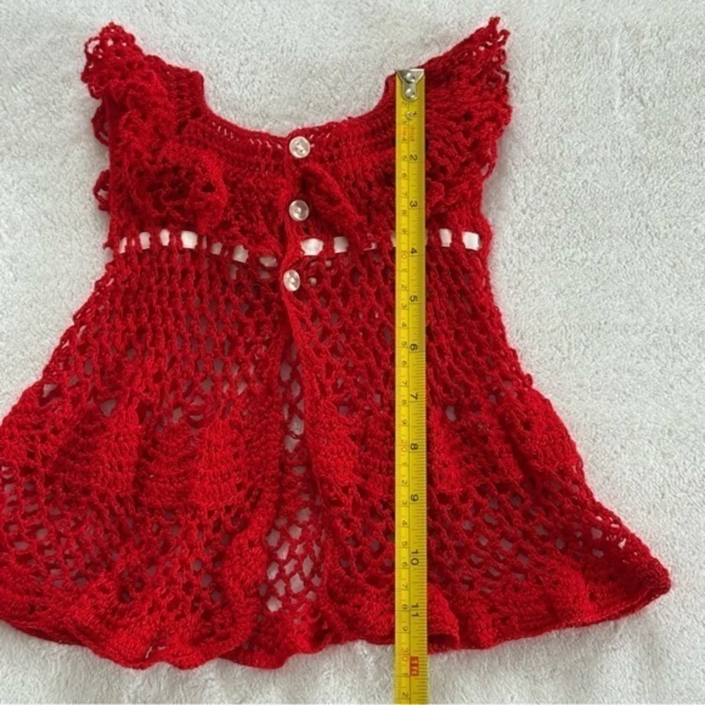 Handmade Red Crochet Baby Dress with Ribbon Bow Girls Kid Vintage Heirloom Style
